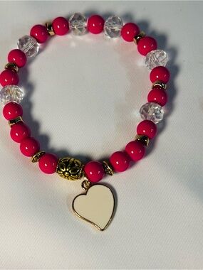 Gold-Accent Hot Pink Beaded Stretch Bracelet with Heart Charm